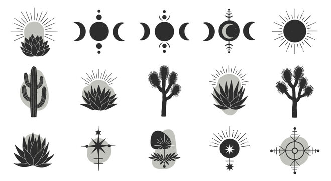 Bohemian Desert Sun Moon Cactus and Star Symbols Collection.