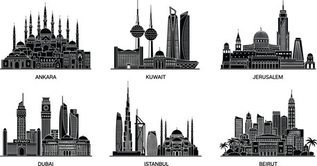 Black and white city skyline of Ankara, Kuwait, Jerusalem, Dubai, Istanbul, and Beirut 1 © MSTFARIDA