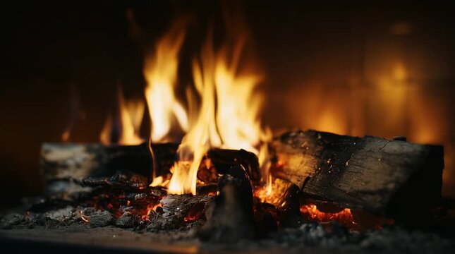 Loderndes Feuer mit brennenden Holzscheiten in Nahaufnahme. Flammen im Kamin, Grill oder Lagerfeuer &ndash; atmosph&auml;risches Motiv f&uuml;r Video, Animation und W&auml;rme-Konzept.