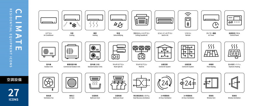 Climate Residential Equipment Icon Set &ndash; HVAC Line Vector (27 Icons )