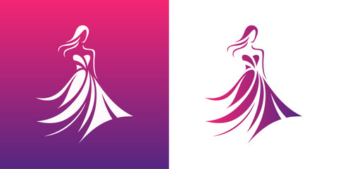 Logotipo de boutique de moda femenina. Dibujo sencillo con la silueta de una mujer con un vestido de color violeta, vista de frente  © teracreonte