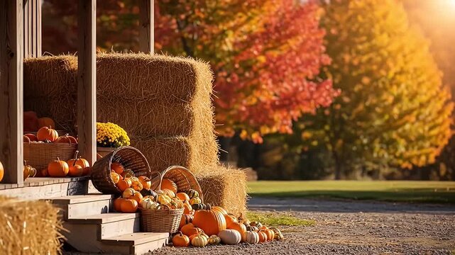 Baskets of pumpkins and hay bales adorn a porch in the soft autumn sunlight