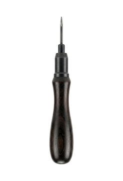 Sharp metal awl with dark wood handle isolated. Leathercraft hand tool mockup.