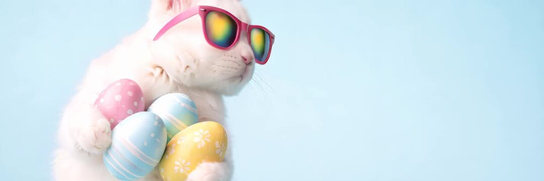 White bunny wearing rainbow sunglasses holding pastel easter eggs, wide website banner with copy space for text, trendy spring concept.