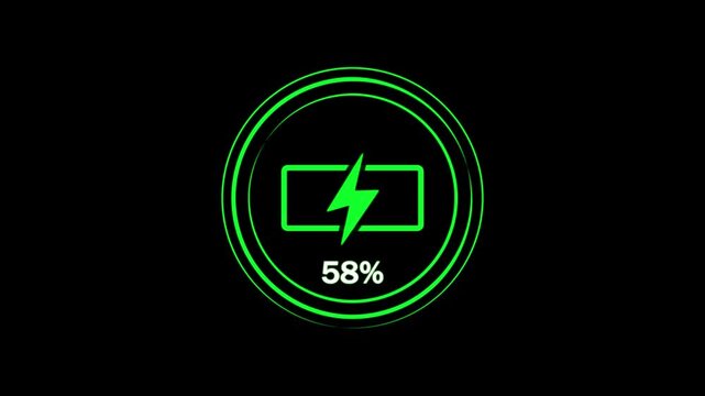 Stylized battery graphic showing 65% power level with radiant lightning bolt and concentric ring highlights on sleek black backdrop. Represents partial energy, technology, and efficiency.