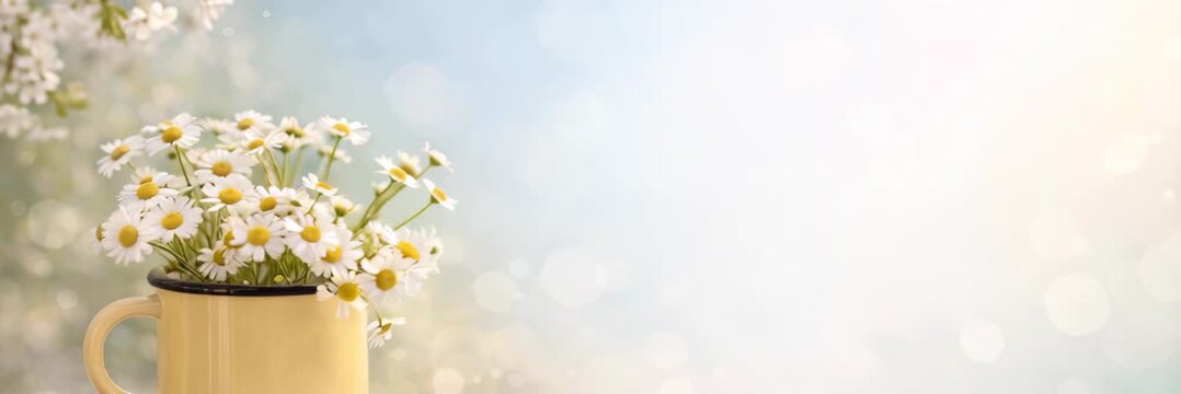 Chamomile flowers in yellow mug on soft background, website banner in wide format with copy space for text, fresh spring floral concept.
