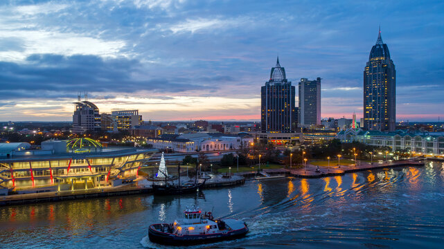 Aerial view of Mobile, Alabama at twilight
