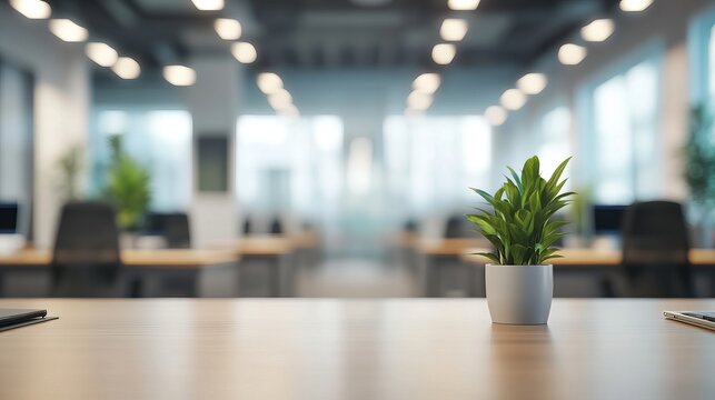 A small potted plant sits on a desk in a modern office space with blurred background