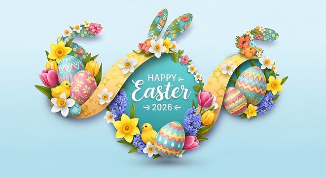 Whimsical Happy Easter 2026 design featuring bunny ears, colorful Easter eggs, chicks, and blooming flowers arranged in a decorative, festive wreath.