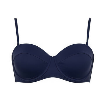 Dark blue strapless bra with thin straps and padded cups, isolated on transparent background