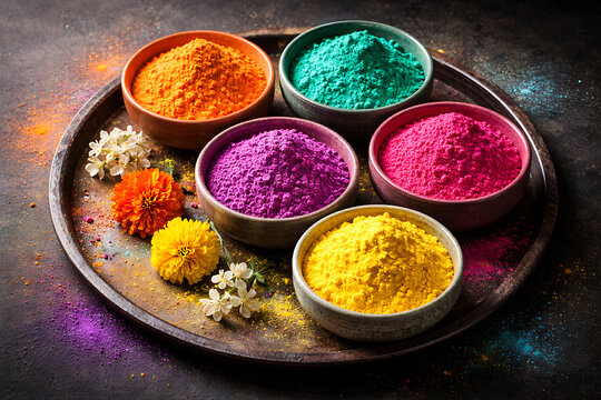 Colorful gulal powders in ceramic bowls on wooden tray with marigold flowers for traditional indian holi festival celebration dol purnima and rang panchami festive background