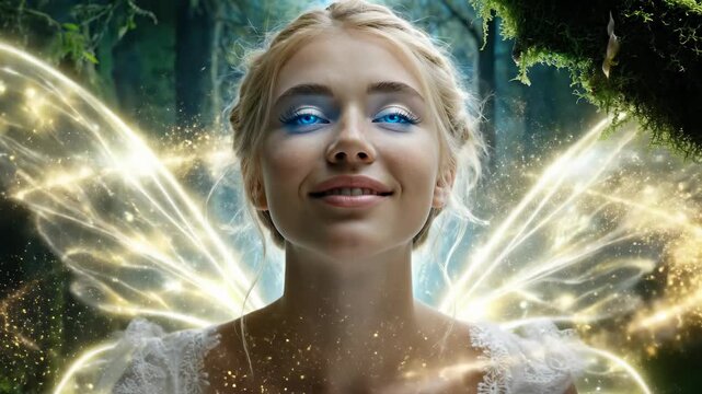 Beautiful ethereal fairy, soft golden luminous wings, sparkling dust, glowing blue eyes gazing upwards with wonder, enchanted mystical woodland, spiritual fantasy dream, magical sublime vision