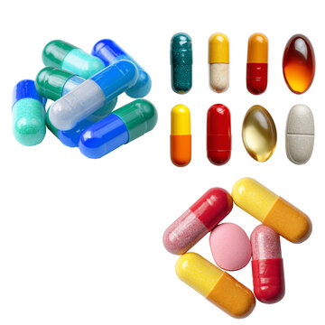 c&aacute;psulas y comprimidos farmac&eacute;uticos dispuestos sobre fondo blanco, cada uno con colores, formas y niveles de transparencia diferentes. Incluyen c&aacute;psulas azules y verdes