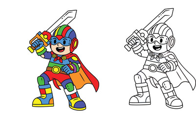 Colorful cartoon superhero boy character with sword and matching line art outline for kids coloring page © MstTabassum