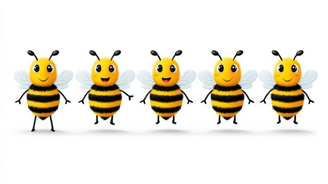 Five cartoon bees with yellow and black stripes, smiling and standing in a row, featuring transparent wings and cheerful expressions on a white background