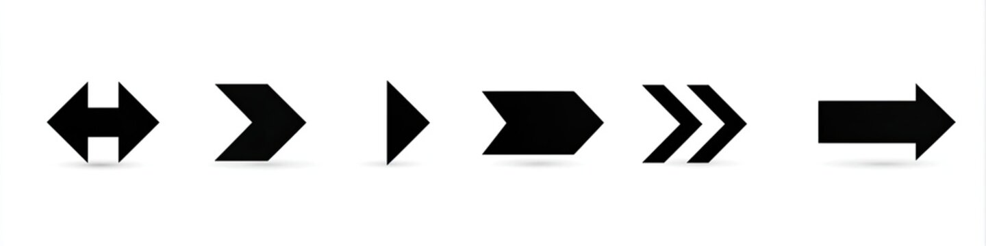 A collection of various black arrow shapes, pointing in different directions, on a white background