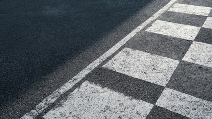Fototapeta premium The Checkered Finish Line Painted on Weathered Asphalt at Outdoor Racing Track