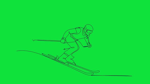 Continuous one line drawing of  a skier doing Ski on ice on a green screen