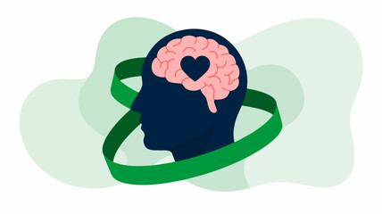 Fototapeta premium Brain with heart in profile green ribbon around head symbolizing mental health awareness and love