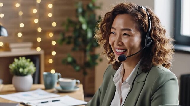 Smiling businesswoman wearing headset engaged in conversation with client