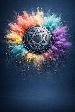 Metallic star emblem centered in a circular splash of bright colorful powder on blue background for religious holi dol purnima and rang panchami spiritual holiday