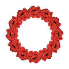 Red poppy flowers round wreath . Circle floral frame. Papaver. Hand drawn vector. Isolated on white background.