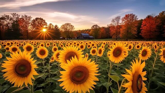 Field of sunflowers stretching to horizon, with trees and a house under a colorful sunset