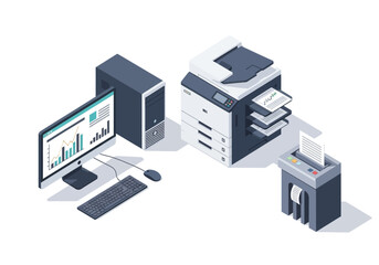 Isometric concept of a business workflow with office equipment for data analysis, document printing, and secure information destruction