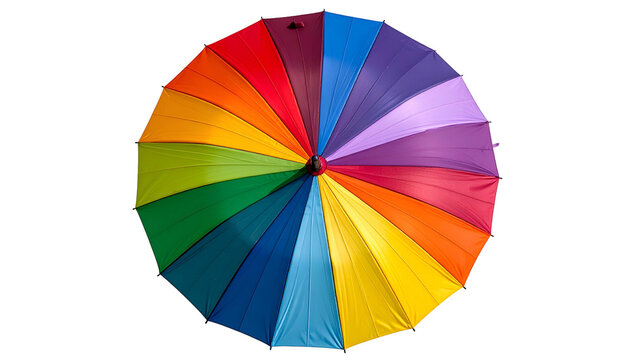 View from above of a vibrant, open umbrella displaying a rainbow of colorful panels