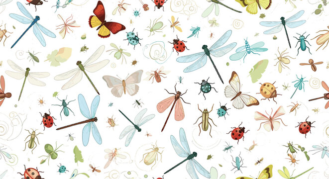 A colorful and chaotic seamless pattern of various insects like butterflies, dragonflies, and ladybugs in a whimsical watercolor style.