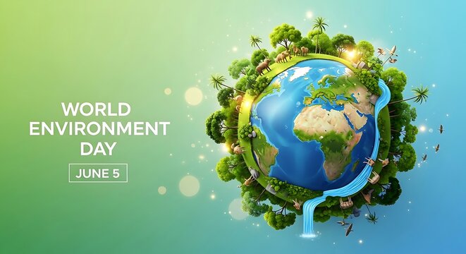 Global celebration of world environment day with a vibrant, green earth surrounded by nature elements