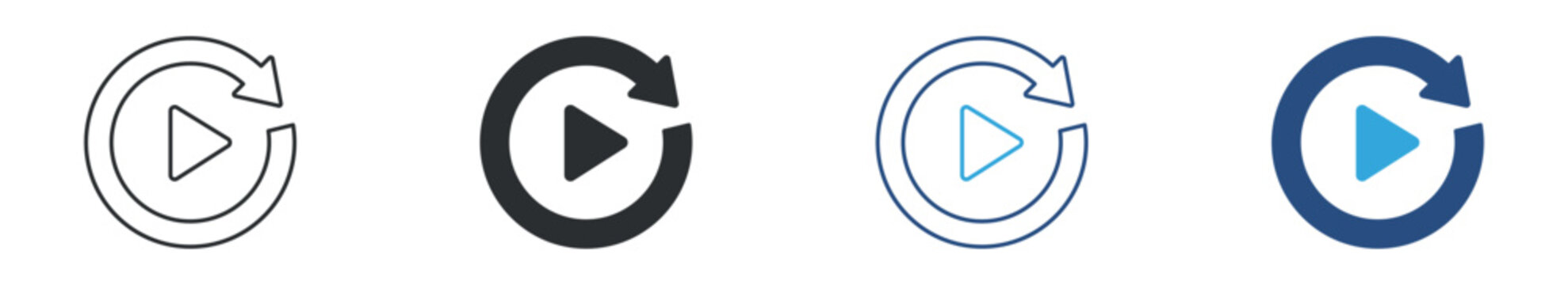 Video replay icon set, refresh play button symbol, media restart vector illustration