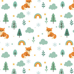 Obraz premium Cute fox seamless pattern with tree, rainbow and star on pastel background. Scandinavian nursery style woodland illustration for textile, wallpaper and baby design.
