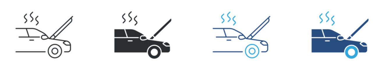 Car engine overheating icon set, broken vehicle with steam symbol, auto repair service vector illustration