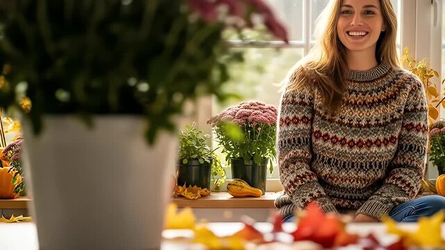 A smiling woman sits by a window adorned with autumnal flowers, gourds, and leaves.  Sunlight streams in, creating a warm and cozy atmosphere