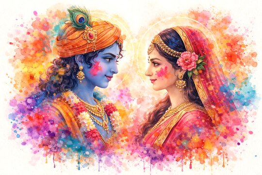 Rang Panchami Devotional Artwork Showing Romantic Mythology Inspired Characters with Bright Gulal Splash Effect