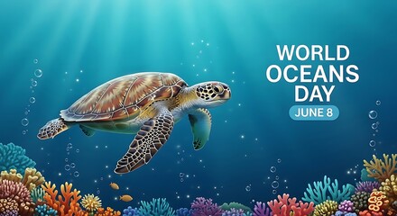 Fototapeta premium A sea turtle gracefully swimming on world oceans day in vibrant underwater scenery