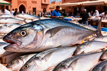 Vibrant Moroccan Seafood Market on the African Coast Featuring a Massive Atlantic Bigeye Tuna Amidst Fresh Fish Stalls and Lively Crowd