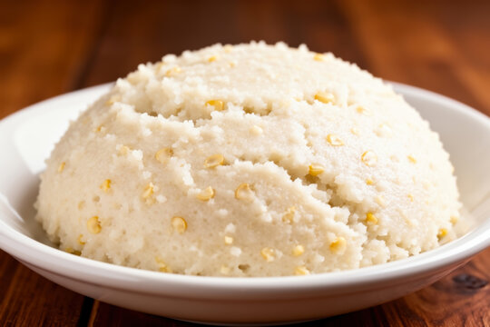 Close-up of a traditional Zambian nshima dish, creamy white cornmeal grits piled in a ceramic bowl on a rustic wooden table