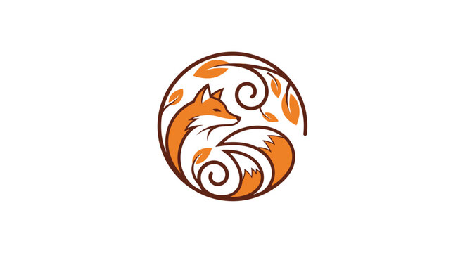 Stylized fox illustration within circular design featuring leaves and swirls