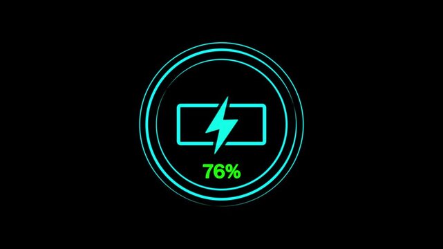 Battery icon at 85% capacity with glowing lightning bolt on sleek black circular background
