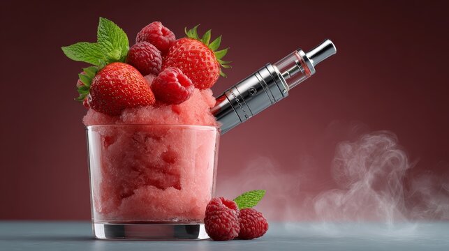 Glass filled with pink slush topped with fresh strawberries and raspberries alongside a vape device, with vapor and a dark red background