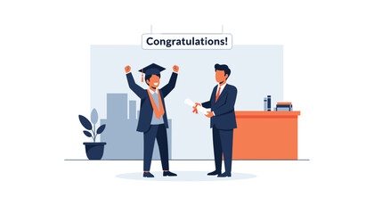 Businessman celebrates graduation with diploma in modern office setting