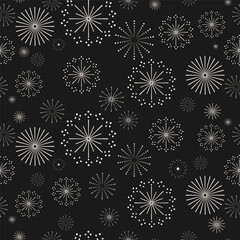 Line firework seamless pattern on black background with elegant burst and sparkle elements, perfect for celebration design, holiday packaging, party invitations, branding, wrapping paper.Vector