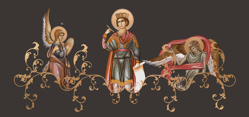 Naklejka premium Saint Solomon. Decorative vintage border with angels, illustration in Byzantine style