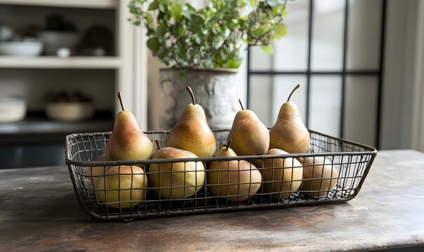 Fresh pears in a rustic wire basket on a wooden table