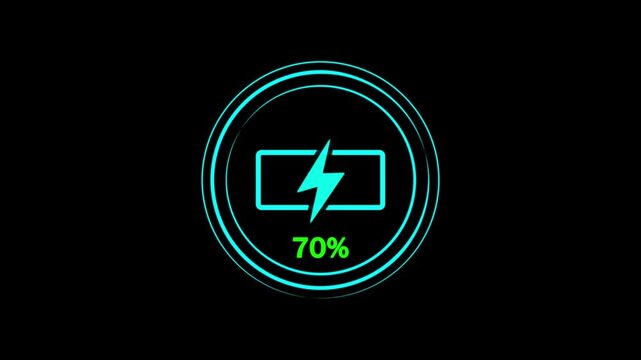 Battery icon at 79% charge with glowing lightning bolt on sleek black circular backdrop