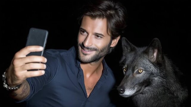Man takes a selfie with his pet wolf at night