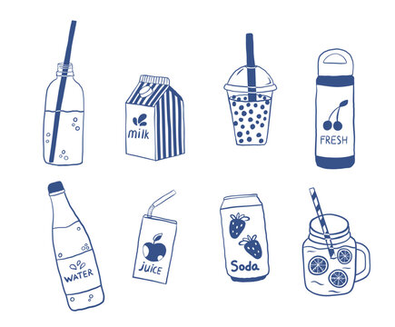 Various drinks set. A collection of water, milk, matcha lattes, juices, and other beverages in plastic cups plastic cups and bottles, paper mugs, Tetra Pak containers, and glasses..Minimal line style