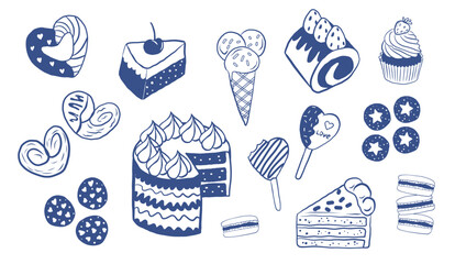 Hand drawn vector sweet illustrations with cookies, macarons, candies, cakes, pastries, muffins and pastries. Minimal blue line food collection for menus and cafes. © Dilara